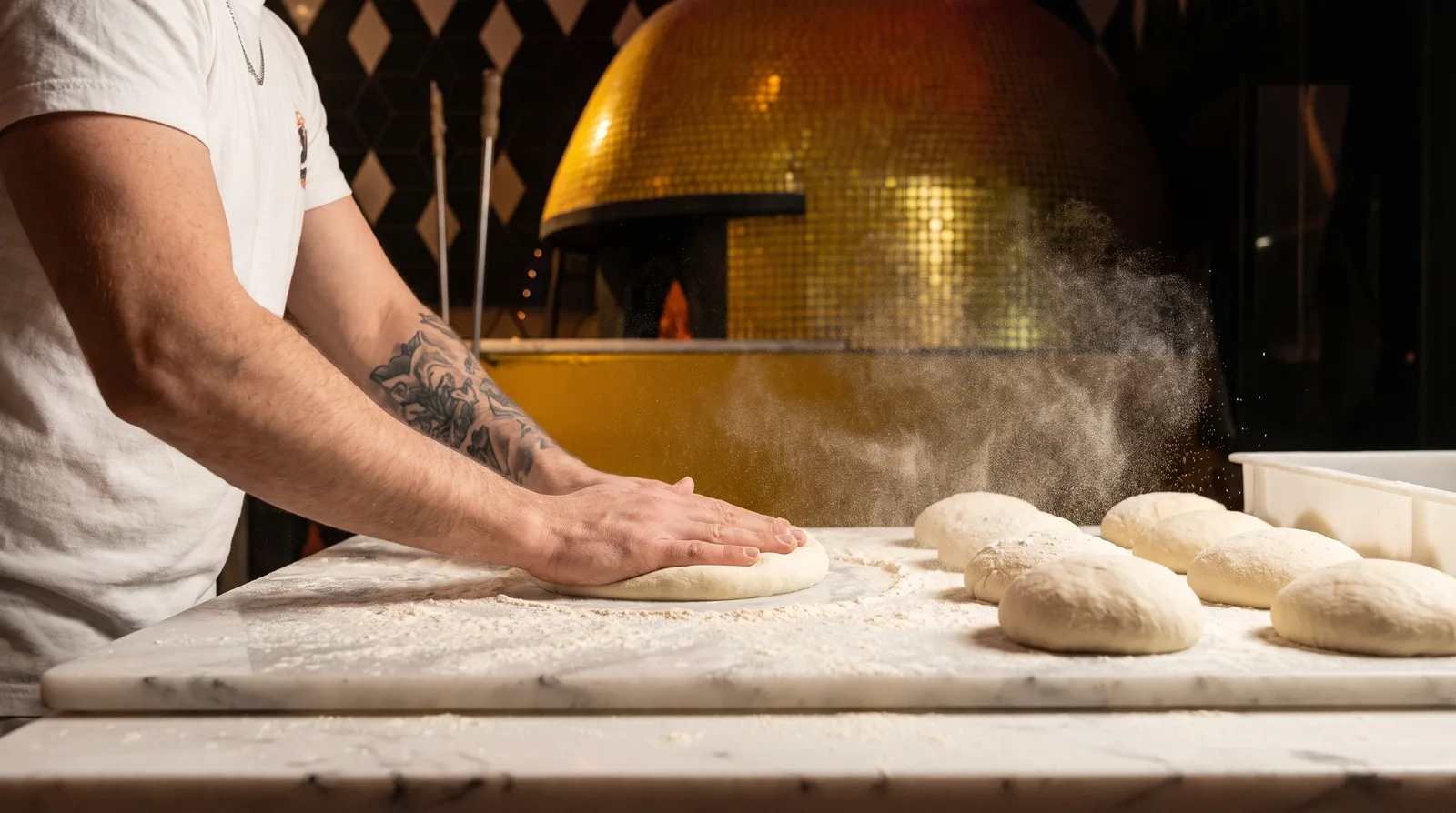 Neapolitan dough being pressed out by hand on a floured marble bench